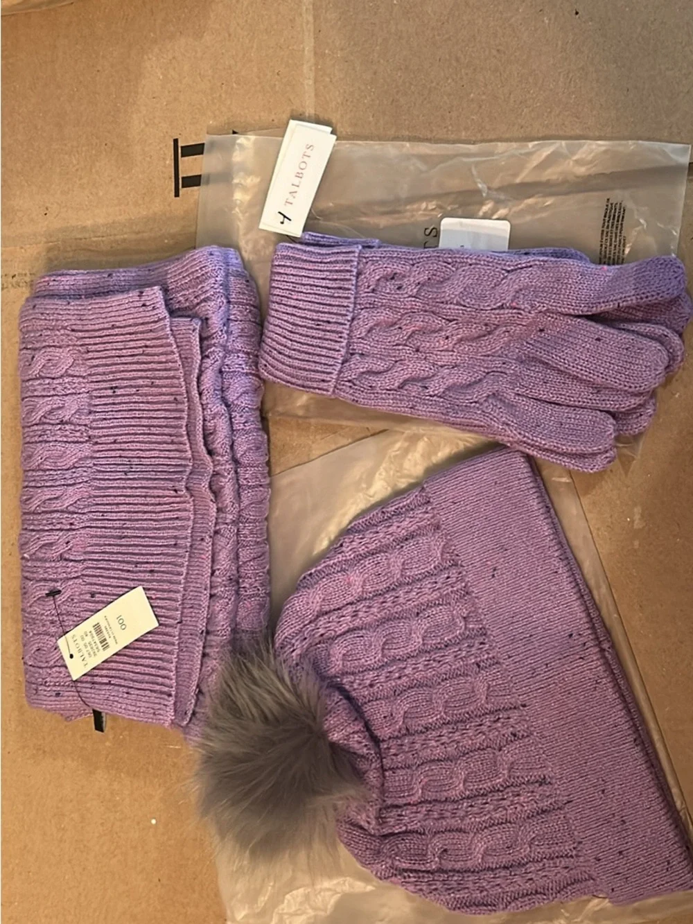 Talbots Lavender Cable-Knit Hat, Scarf & Gloves Set